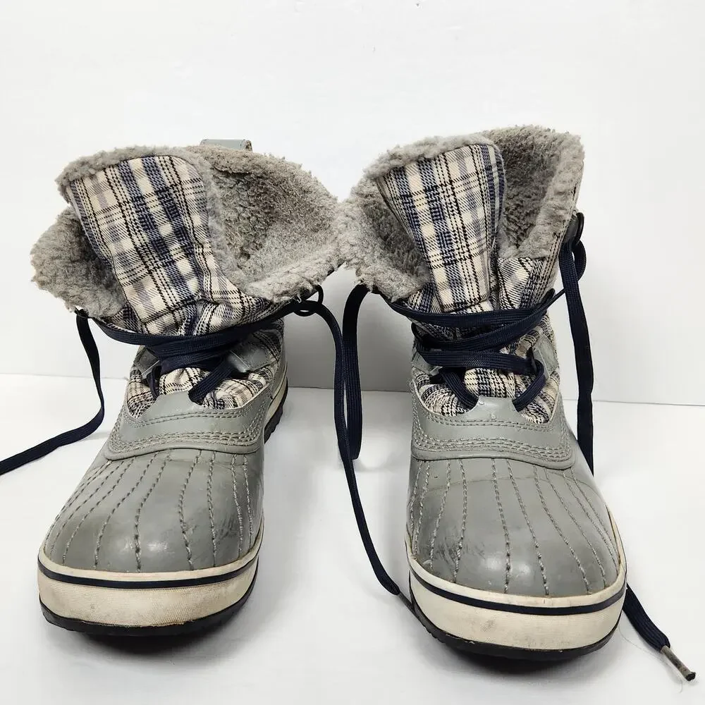Sorel Gray Plaid Snow Boots Womens Size 10 Waterproof Insulated Faux Fur